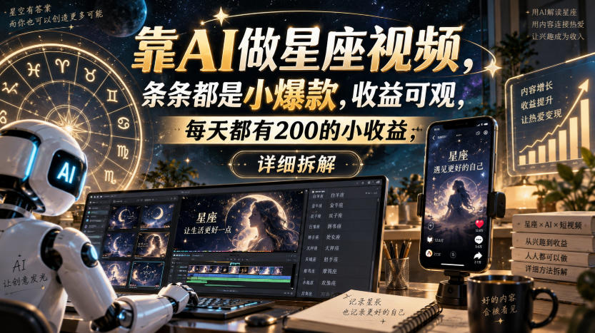 靠AI做星座视频，条条都是小爆款，收益可观，每天都有200的小收益，详细拆解-网创之家