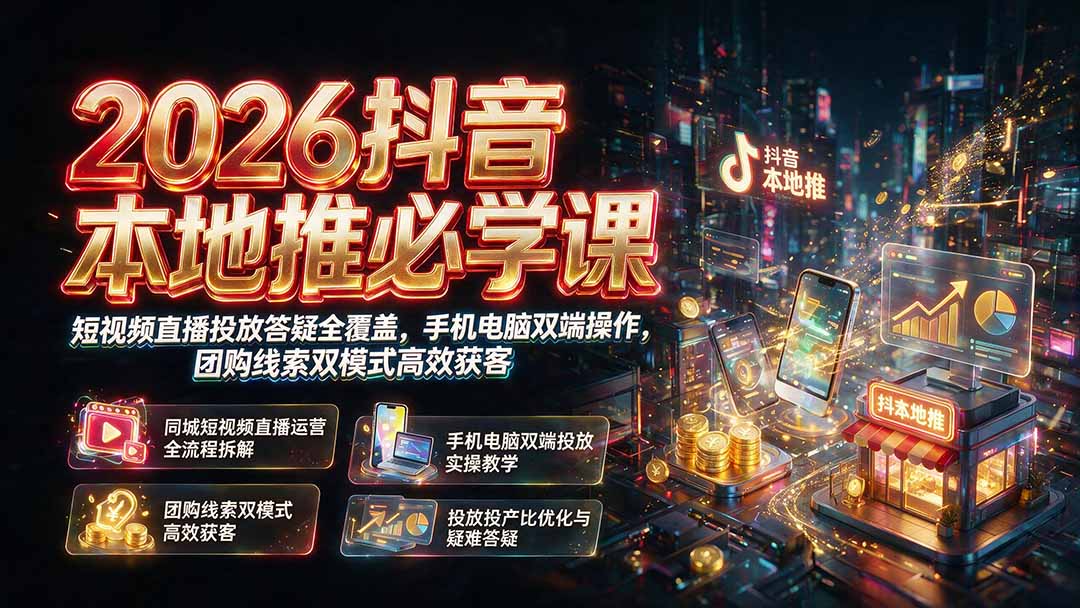 2026抖音本地推必学课｜短视频直播投放答疑全覆盖，手机电脑双端操作，团购线索双模式高效获客-网创之家