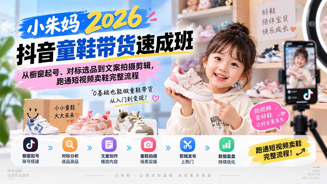 小朱妈2026抖音童鞋带货速成班：从橱窗起号、对标选品到文案拍摄剪辑，跑通短视频卖鞋完整流程-网创之家