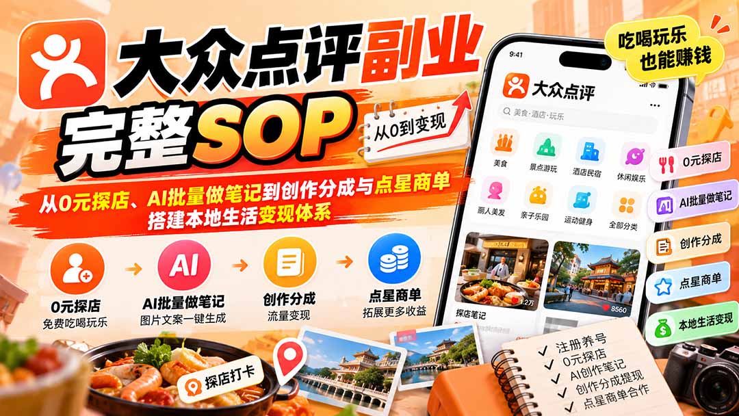 【无水印】大众点评副业完整SOP：从0元探店、AI批量做笔记到创作分成与点星商单，搭建本地生活变现体系-网创之家