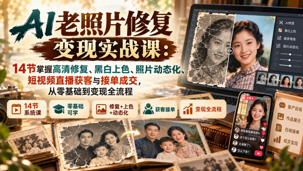 AI老照片修复变现实战课：14节掌握高清修复、黑白上色、照片动态化、短视频直播获客与接单成交，从零基础到变现全流程-网创之家