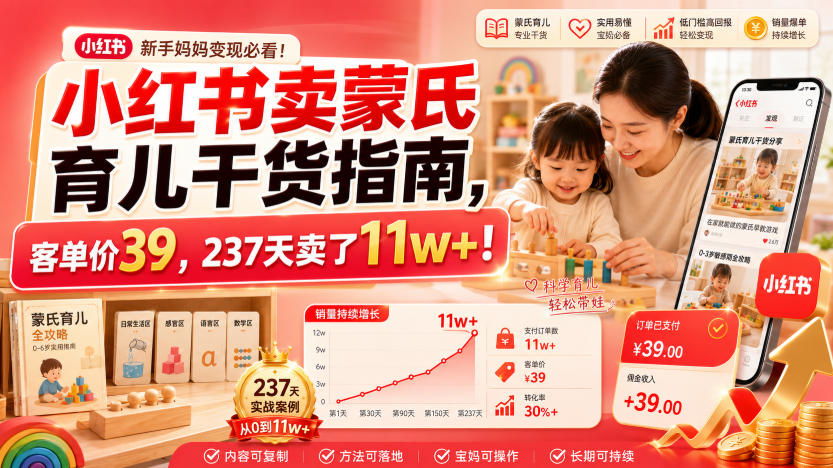 小红书卖蒙氏育儿干货指南，客单价39，237天卖了11w+！-网创之家