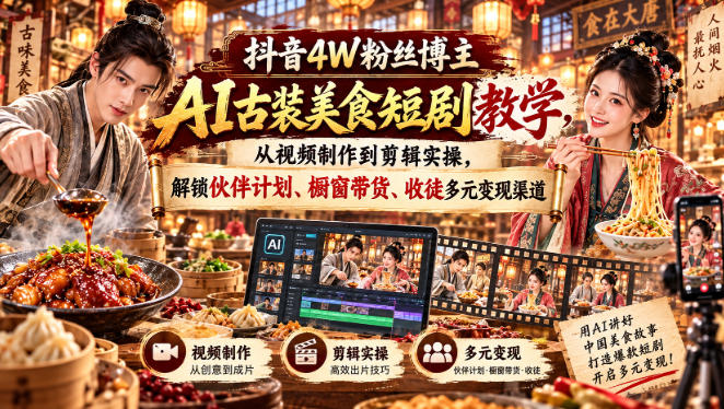 抖音4W粉丝博主AI古装美食短剧教学，从视频制作到剪辑实操，解锁伙伴计划、橱窗带货、收徒多元变现渠道-网创之家