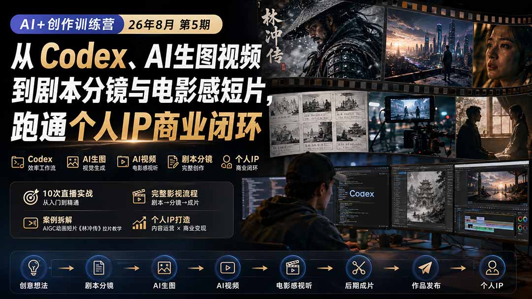 AI+创作训练营26年8月第5期：从Codex、AI生图视频到剧本分镜与电影感短片，跑通个人IP商业闭环-网创之家