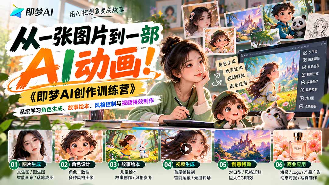 【无水印】从一张图片到一部AI动画！《即梦AI创作训练营》系统学习角色生成、故事绘本、风格控制与视频特效制作-网创之家