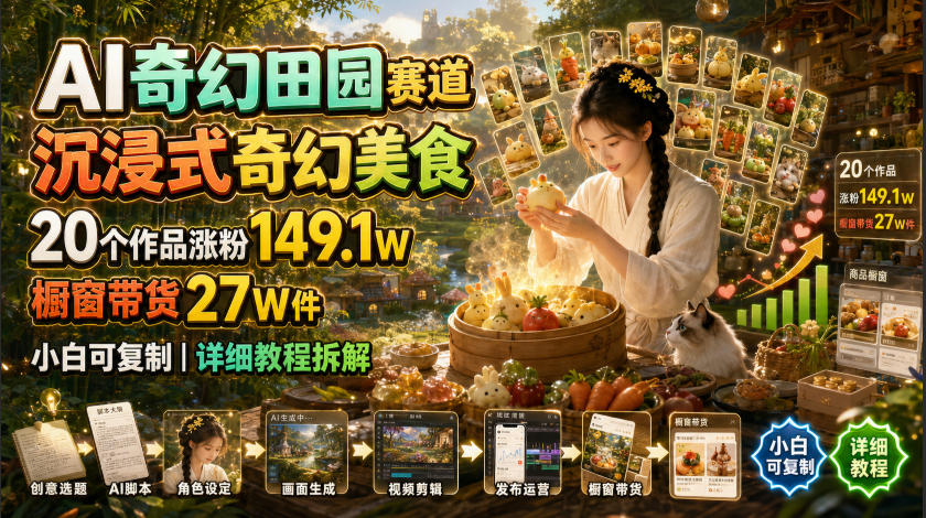 AI奇幻田园赛道，沉浸式奇幻美食，20个作品涨粉149.1W，橱窗带货27W件，小白可复制，详细教程拆解-网创之家
