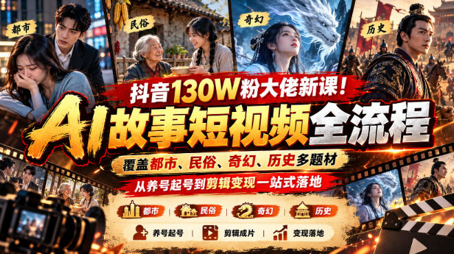 抖音130W粉大佬新课！AI故事短视频全流程，覆盖都市、民俗、奇幻、历史多题材，从养号起号到剪辑变现一站式落地-网创之家