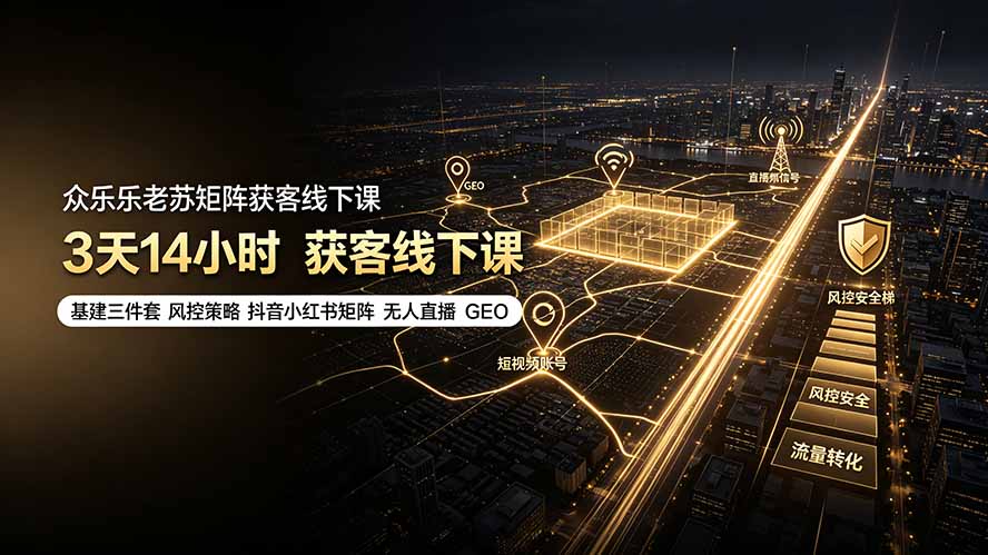 众乐乐老苏矩阵获客线下课：3天14小时×基建三件套×风控策略×抖音小红书矩阵×无人直播×GEO-网创之家