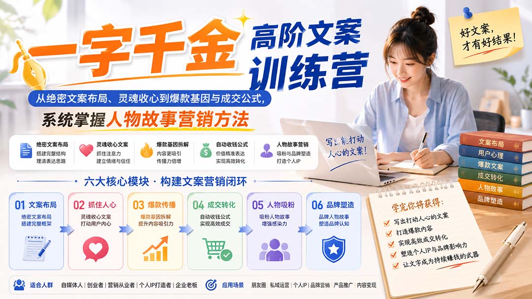一字千金高阶文案训练营：从绝密文案布局、灵魂收心到爆款基因与成交公式，系统掌握人物故事营销方法-网创之家