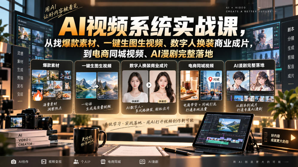 AI视频系统实战课，从找爆款素材、一键生图生视频、数字人换装商业成片，到电商同城视频、AI漫剧完整落地-网创之家