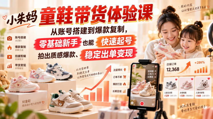 小朱妈童鞋带货体验课，从账号搭建到爆款复制，零基础新手也能快速起号、拍出质感爆款、稳定出单变现-网创之家