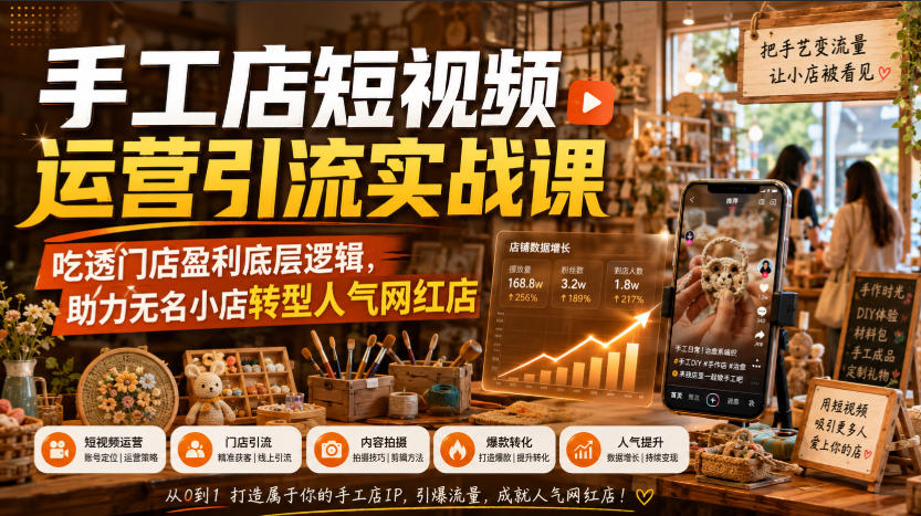 手工店短视频运营引流实战课，吃透门店盈利底层逻辑，助力无名小店转型人气网红店-网创之家