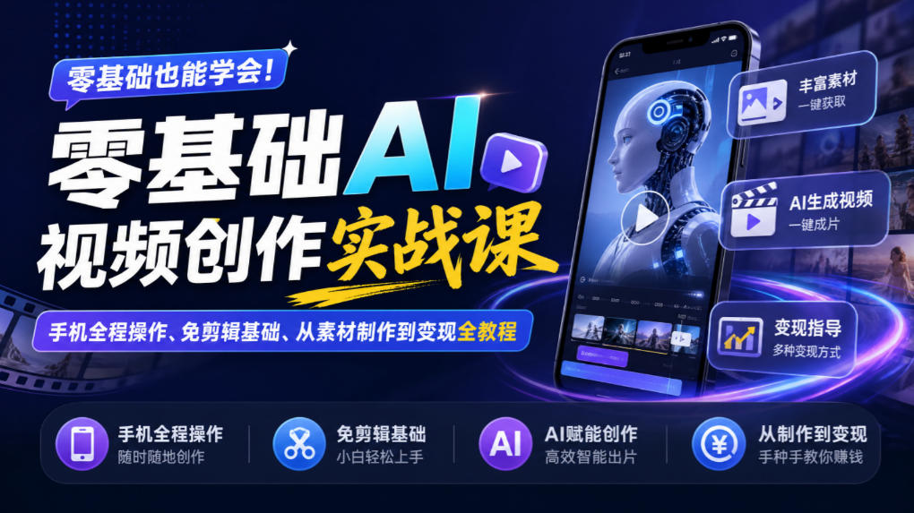 零基础AI视频创作实战课｜手机全程操作、免剪辑基础、从素材制作到变现全教程​-网创之家