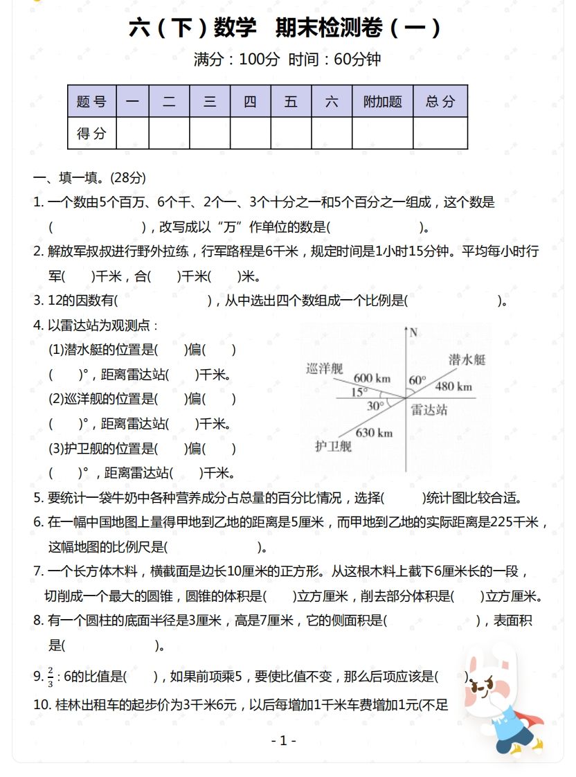 苏教版-六年级下册数学期末检测卷（一）-网创之家