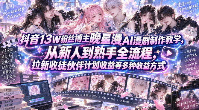 抖音13W粉丝博主晚星漫AI漫剧制作教学，从新人到熟手全流程，拉新收徒伙伴计划收益等多种收益方式，单日1K+-网创之家
