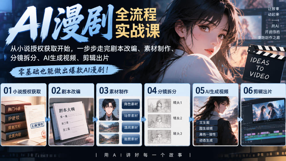 AI漫剧全流程实战课｜从小说授权获取开始，一步步走完剧本改编、素材制作、分镜拆分、AI生成视频、剪辑出片全流程-网创之家