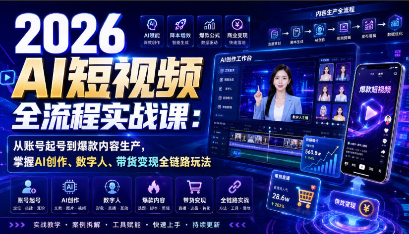 2026 AI短视频全流程实战课：从账号起号到爆款内容生产，掌握AI创作、数字人、带货变现全链路玩法-网创之家