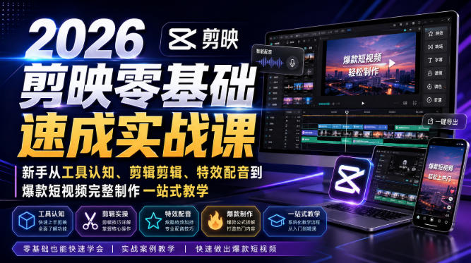2026剪映零基础速成实战课｜新手从工具认知、剪辑剪辑、特效配音到爆款短视频完整制作一站式教学-网创之家