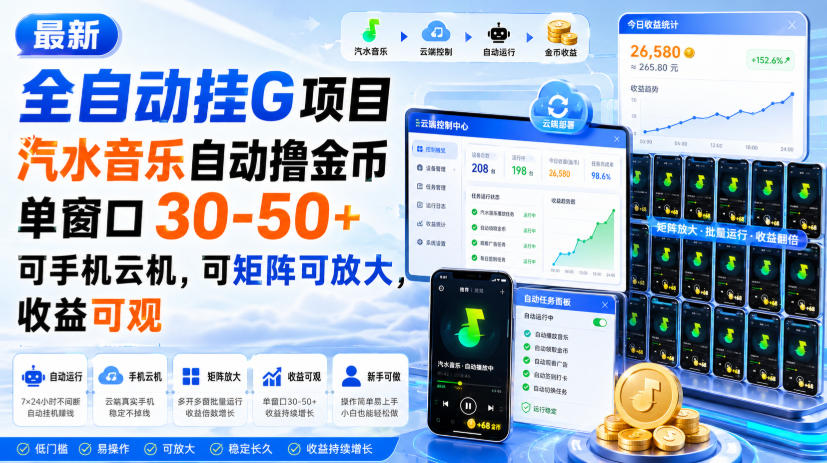 最新全自动挂G项目，汽水音乐自动撸金币单窗口30-50+，可手机云机，可矩阵可放大，收益可观-网创之家