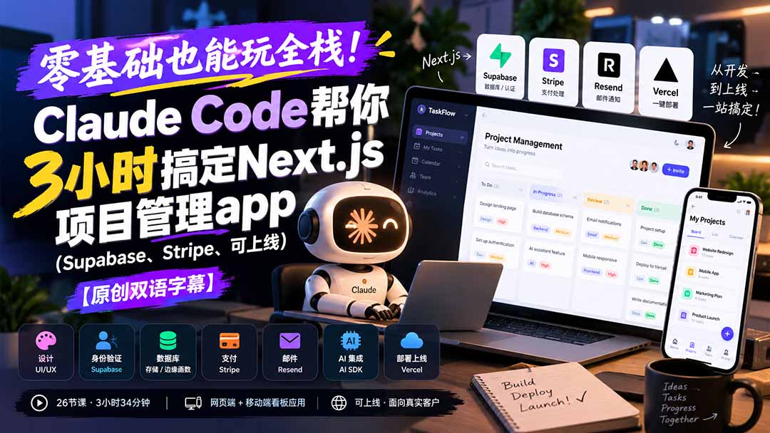 零基础也能玩全栈！Claude Code帮你3小时搞定Next.js项目管理app(Supabase、Stripe、可上线-网创之家