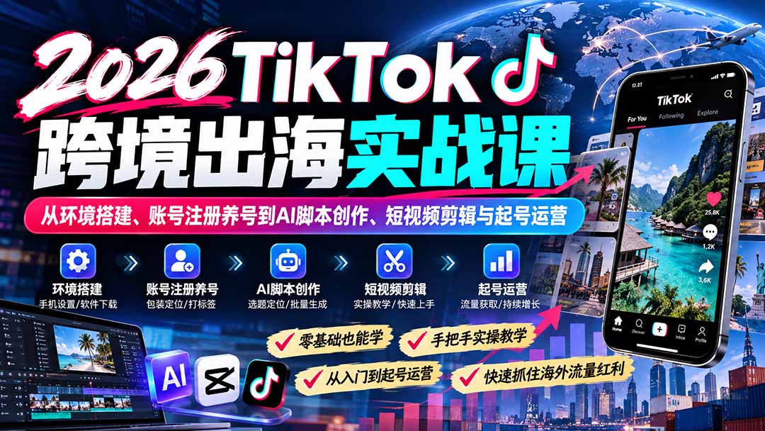 2026TikTok跨境出海实战课：从环境搭建、账号注册养号到AI脚本创作、短视频剪辑与起号运营-网创之家