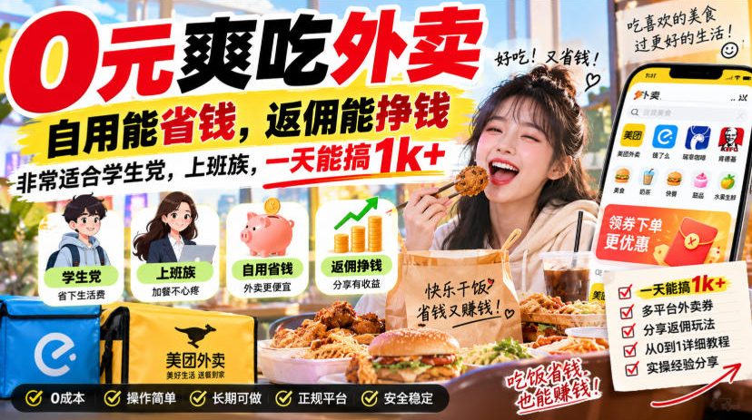 0元爽吃外卖，自用能省钱，返佣能挣钱，非常适合学生党，上班族，一天能搞1k+-网创之家