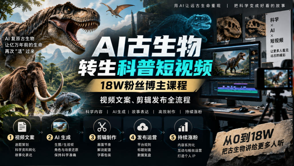 AI古生物转生科普短视频，18W粉丝博主课程，视频文案、剪辑发布全流程-网创之家