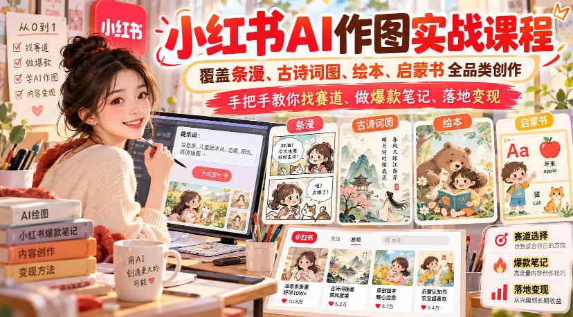 小红书AI作图实战课程，覆盖条漫、古诗词图、绘本、启蒙书全品类创作，手把手教你找赛道、做爆款笔记、落地变现-网创之家