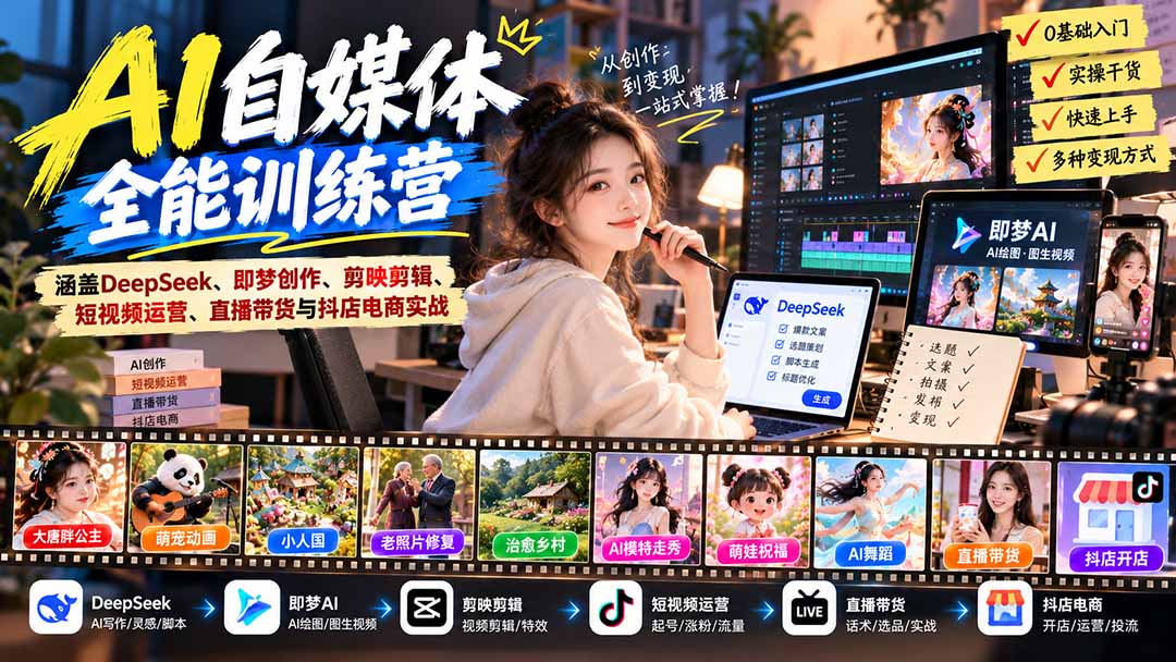 【无水印】AI+自媒体全能训练营：涵盖DeepSeek、即梦创作、剪映剪辑、短视频运营、直播带货与抖店电商实战-网创之家