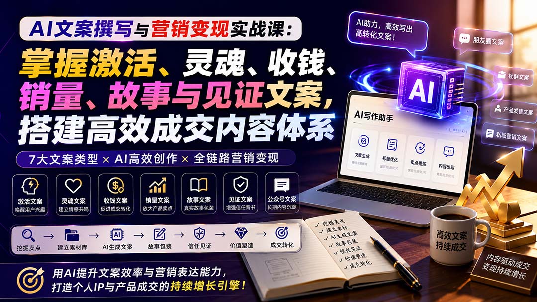 AI文案撰写与营销变现实战课：掌握激活、灵魂、收钱、销量、故事与见证文案，搭建高效成交内容体系-网创之家