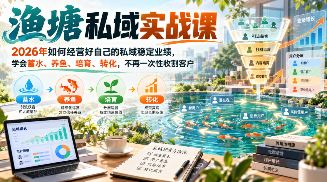 渔塘私域实战课,2026年如何经营好自己的私域稳定业绩,学会蓄水、养鱼、培育、转化,不再一次性收割客户-网创之家