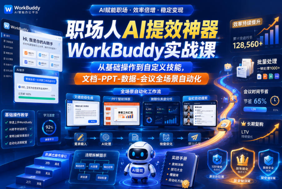 职场人AI提效神器WorkBuddy实战课，从基础操作到自定义技能，文档-PPT-数据-会议全场景自动化-网创之家