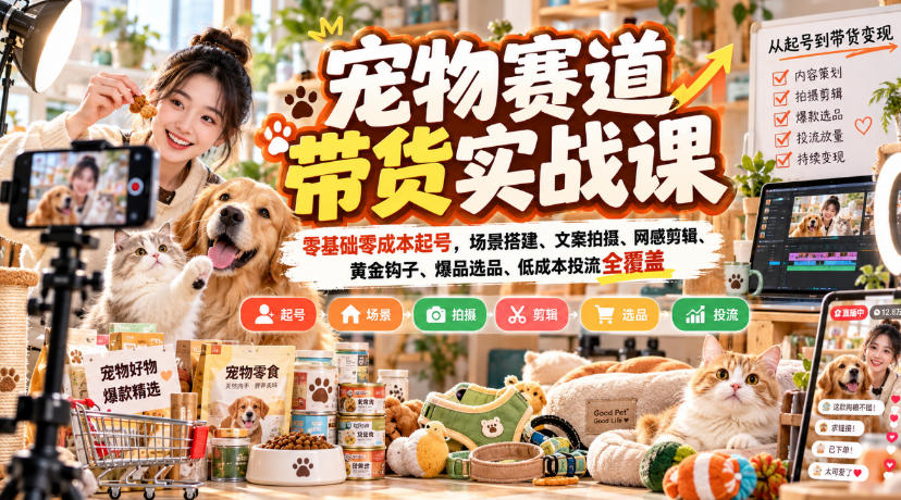宠物赛道带货实战课，零基础零成本起号，场景搭建、文案拍摄、网感剪辑、黄金钩子、爆品选品、低成本投流全覆盖-网创之家