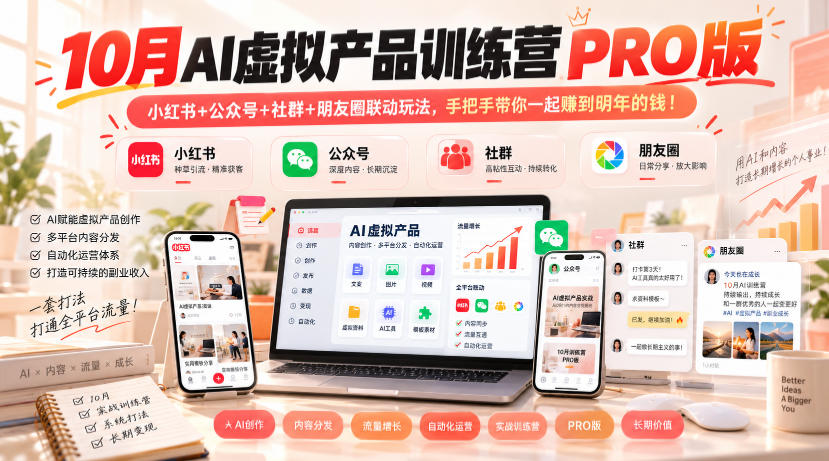 10月AI虚拟产品训练营PRO版，小红书+公众号+社群+朋友圈联动玩法，手把手带你一起赚到明年的钱！(更新1029)-网创之家