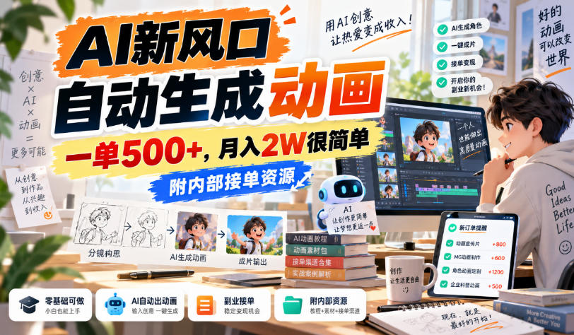 AI新风口，自动生成动画，一单500+，月入2W很简单，附内部接单资源【揭秘】-网创之家