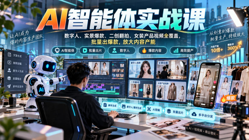 AI智能体实战课，数字人、实景爆款、二创翻拍、女装产品视频全覆盖，批量出爆款，放大内容产能-网创之家