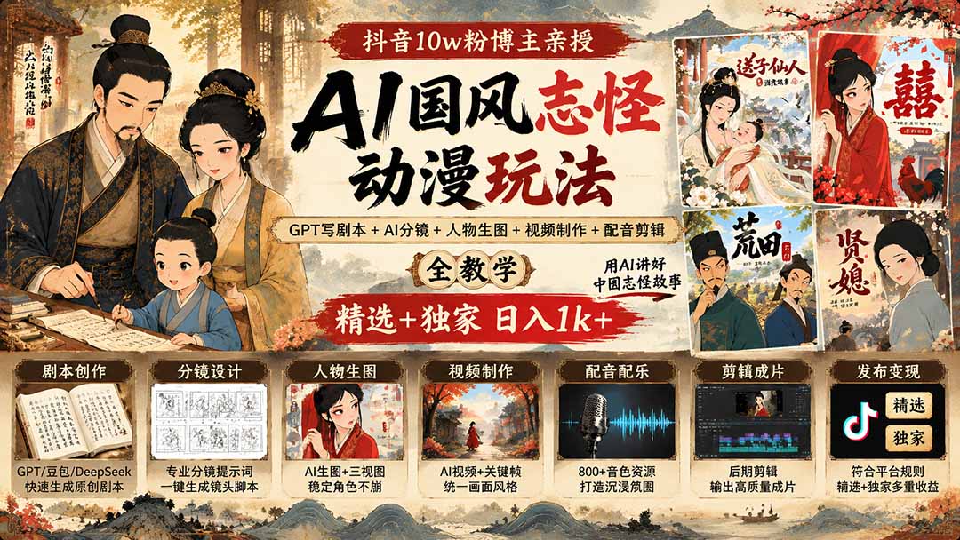 抖音10w粉博主亲授AI国风志怪动漫玩法｜GPT写剧本+AI分镜+人物生图+视频制作+配音剪辑全教学｜精选+独家日入1k+-网创之家