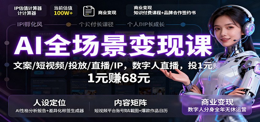 AI全场景变现课：文案/短视频/投放/直播/IP，数字人直播，投1元赚68元-网创之家