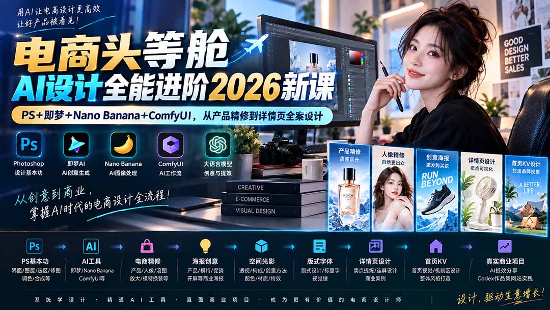 电商头等舱AI设计全能进阶2026新课：PS+即梦+Nano Banana+ComfyUI，从产品精修到详情页全案设计-网创之家
