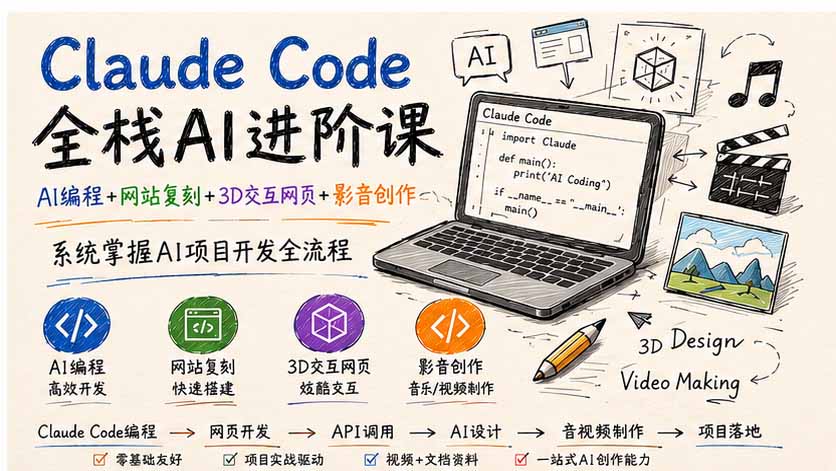 Claude Code全栈AI进阶课；AI编程+网站复刻+3D交互网页+影音创作，系统掌握AI项目开发全流程-网创之家