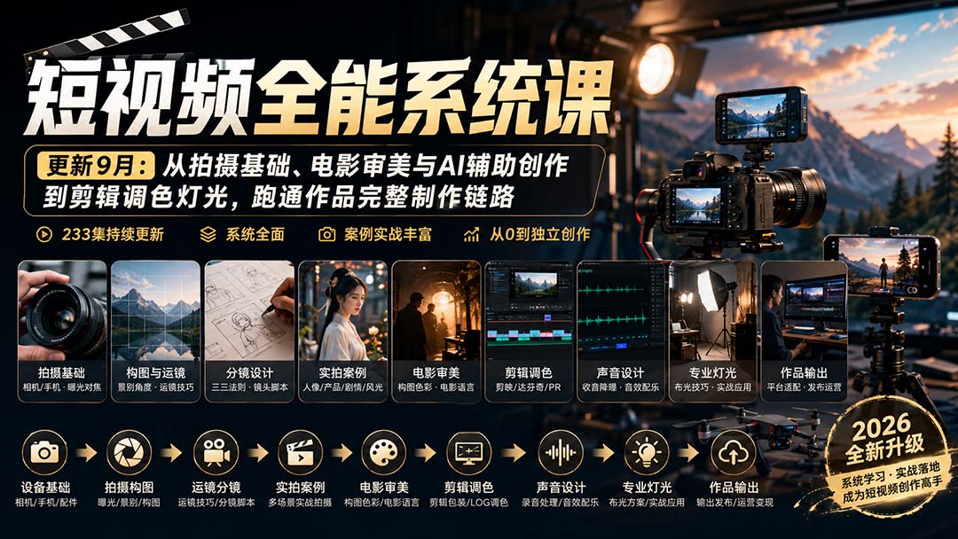 短视频全能系统课-9月完整版：从拍摄基础、电影审美与AI辅助创作到剪辑调色灯光，跑通作品完整制作链路-网创之家