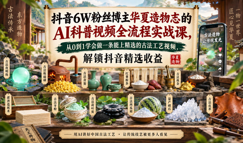 抖音6W粉丝博主华夏造物志的AI科普视频全流程实战课，从0到1学会做一条能上精选的古法工艺视频，解锁抖音精选收益-网创之家