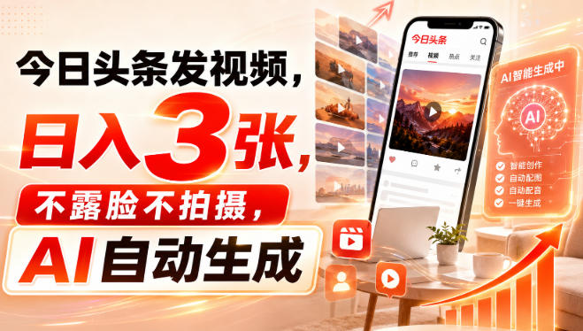 今日头条发视频，日入3张，不露脸不拍摄，AI自动生成-网创之家