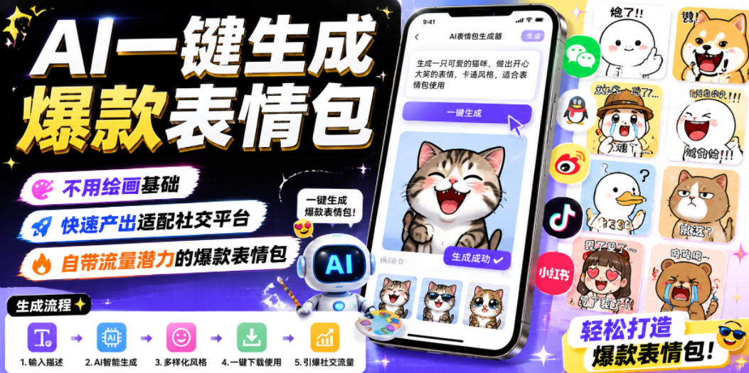 AI一键生成爆款表情包，不用绘画基础，快速产出适配社交平台，自带流量潜力的爆款表情包-网创之家