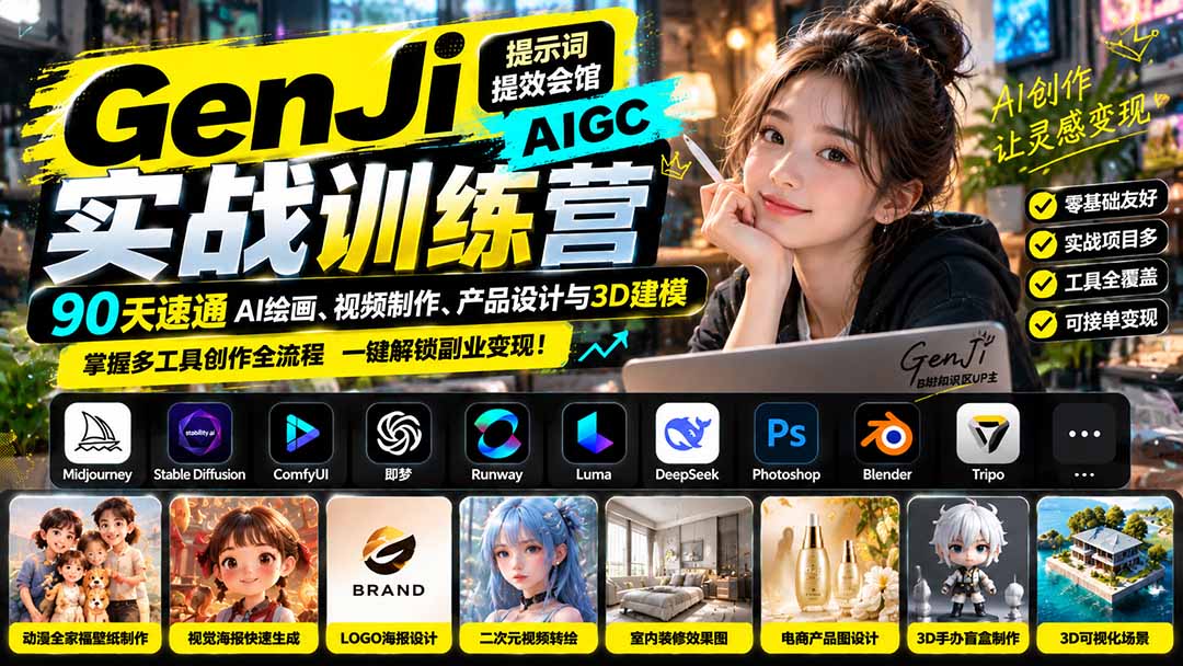 GenJi AIGC实战训练营：90天速通AI绘画、视频制作、产品设计与3D建模，掌握多工具创作全流程-网创之家