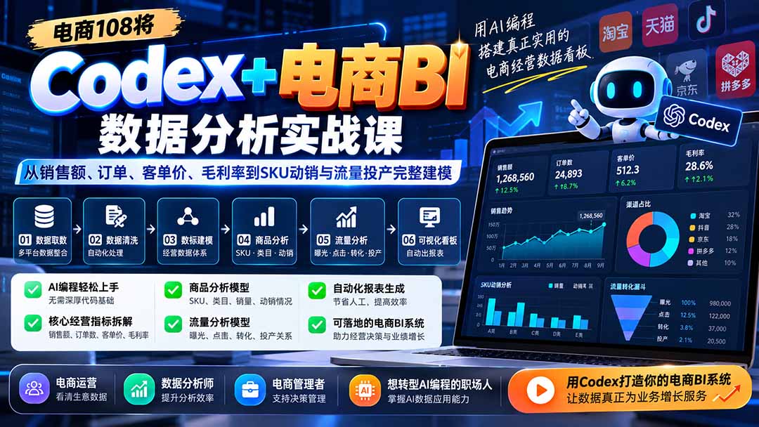 Codex+电商BI数据分析实战课-更新：从销售额、订单、客单价、毛利率到SKU动销与流量投产完整建模-网创之家