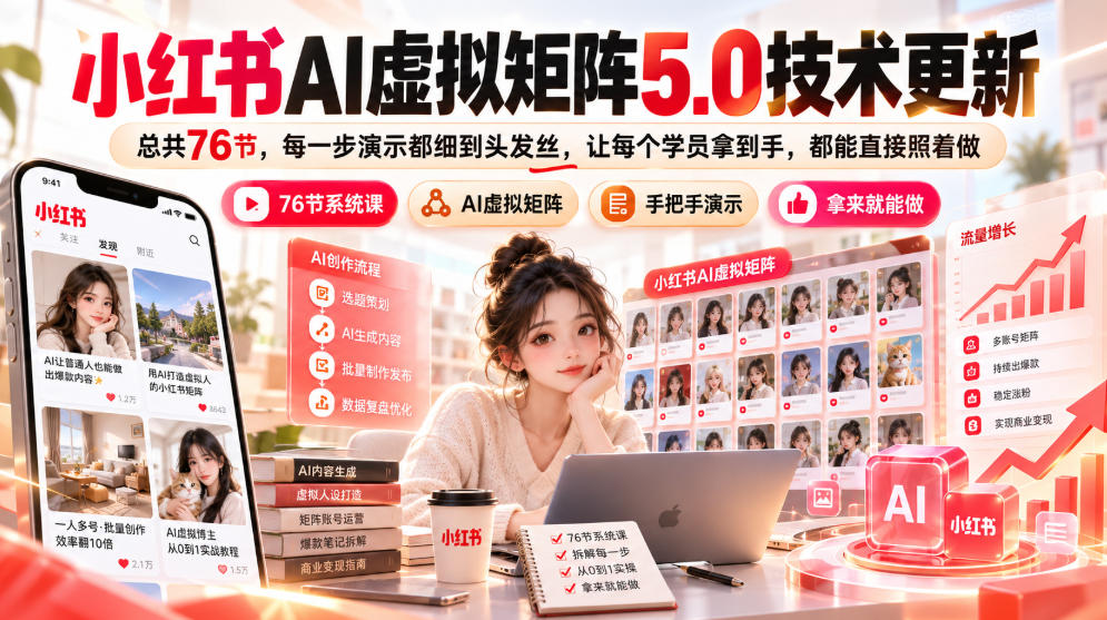 小红书AI虚拟矩阵5.0技术更新，总共76节，每一步演示都细到头发丝，让每个学员拿到手，都能直接照着做-网创之家
