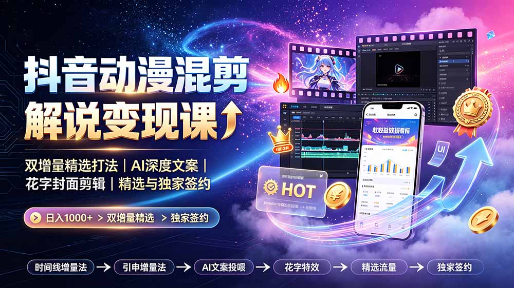 抖音动漫混剪解说变现课：双增量精选打法｜AI深度文案｜花字封面剪辑｜ 精选与独家签约日入1000+-网创之家