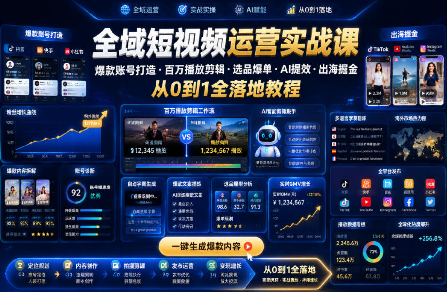 全域短视频运营实战课，爆款账号打造・百万播放剪辑・选品爆单・AI提效・出海掘金，从0到1全落地教程-网创之家
