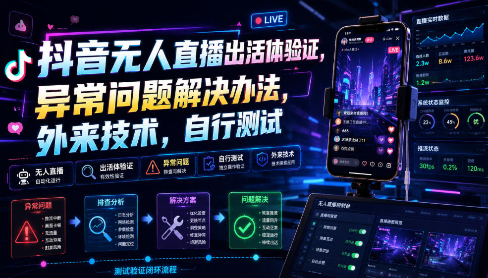 抖音无人直播出活体验证，异常问题解决办法，外来技术，自行测试-网创之家